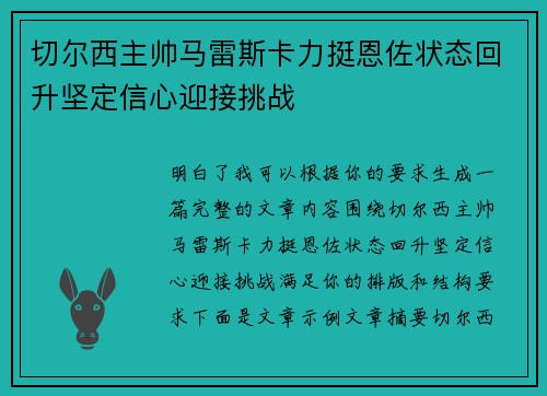 切尔西主帅马雷斯卡力挺恩佐状态回升坚定信心迎接挑战 切尔西主帅马雷斯卡力挺恩佐状态回升坚定信心迎接挑战